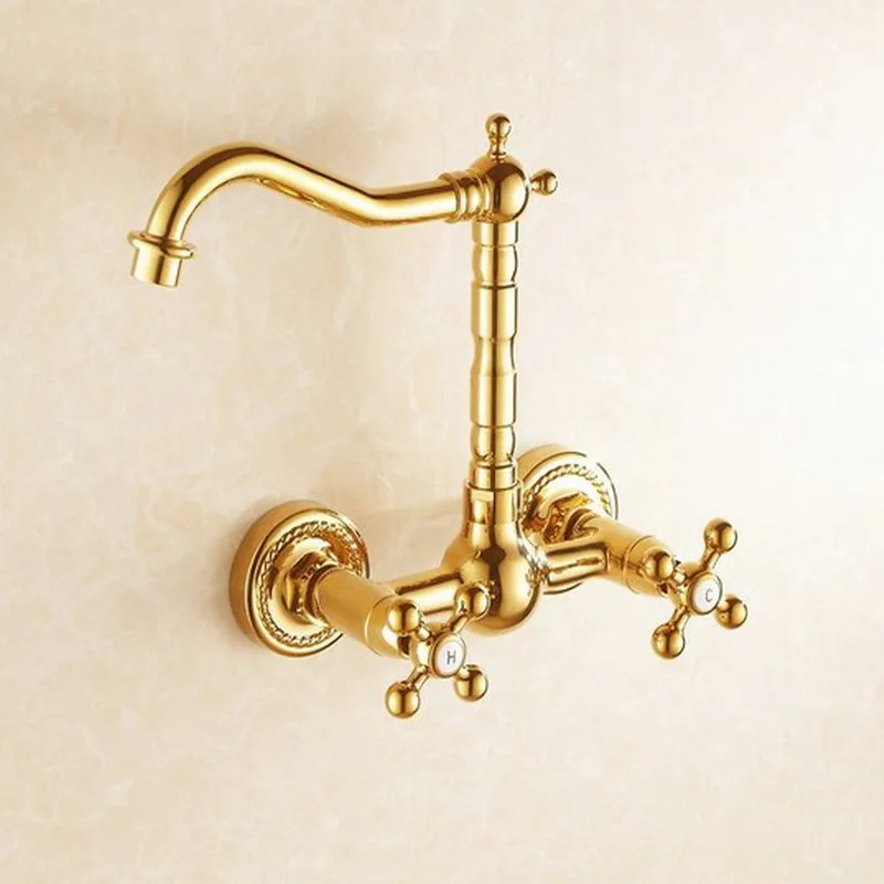 

Luxury Gold Color Brass Bathroom Kitchen Sink Basin Faucet Mixer Tap Swivel Spout Wall Mounted Dual Cross Handles mgf010