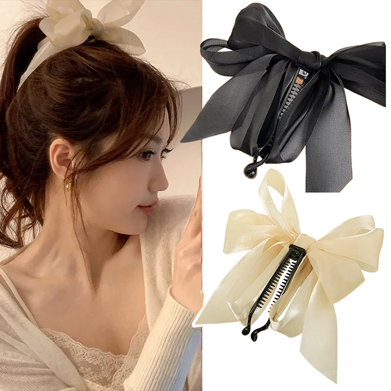 New Fashion Ribbon Bow Banana Hair Clip For Women Back-Head Ponytail Headdress Accessory