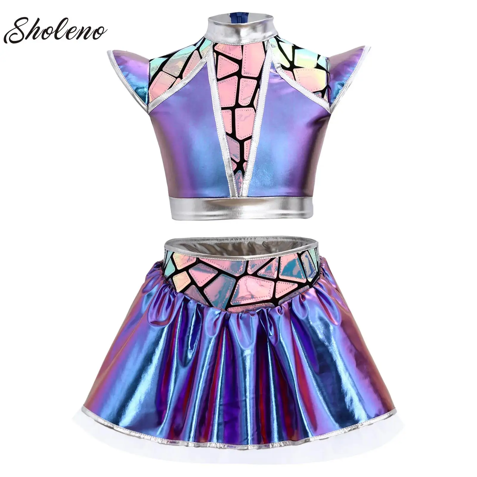 Kids Girls Jazz Dance Costume Set Sleeveless Metallic Leotard Dress for Tap Latin Cha-cha Modern Hip Hop Performance Dancewear