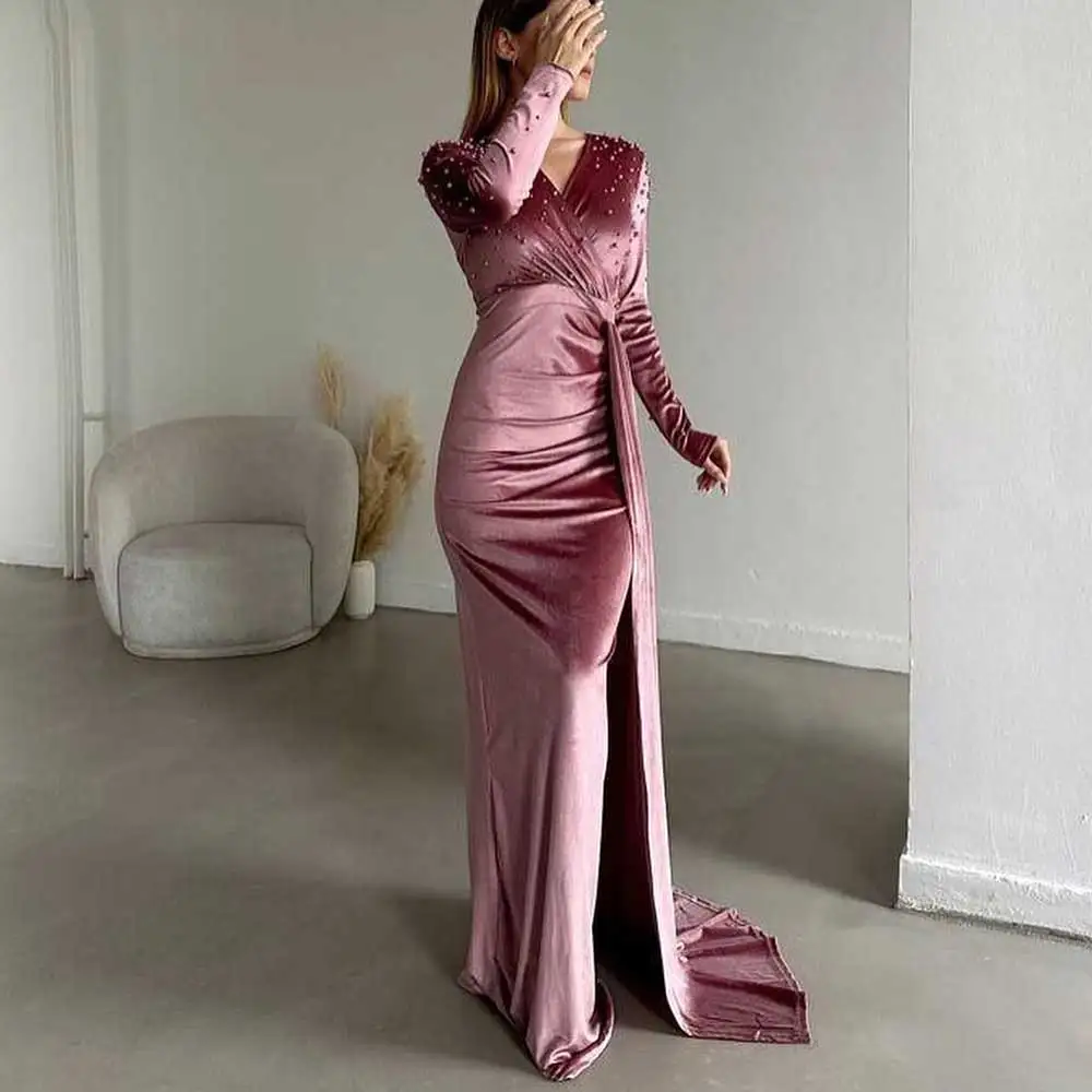 

Solid Sheath Velvet Dubai Evening Dress V-Line Long Sleeved Draped With Beading Prom Gown Brush Train Vestidos Para Mujer Gala