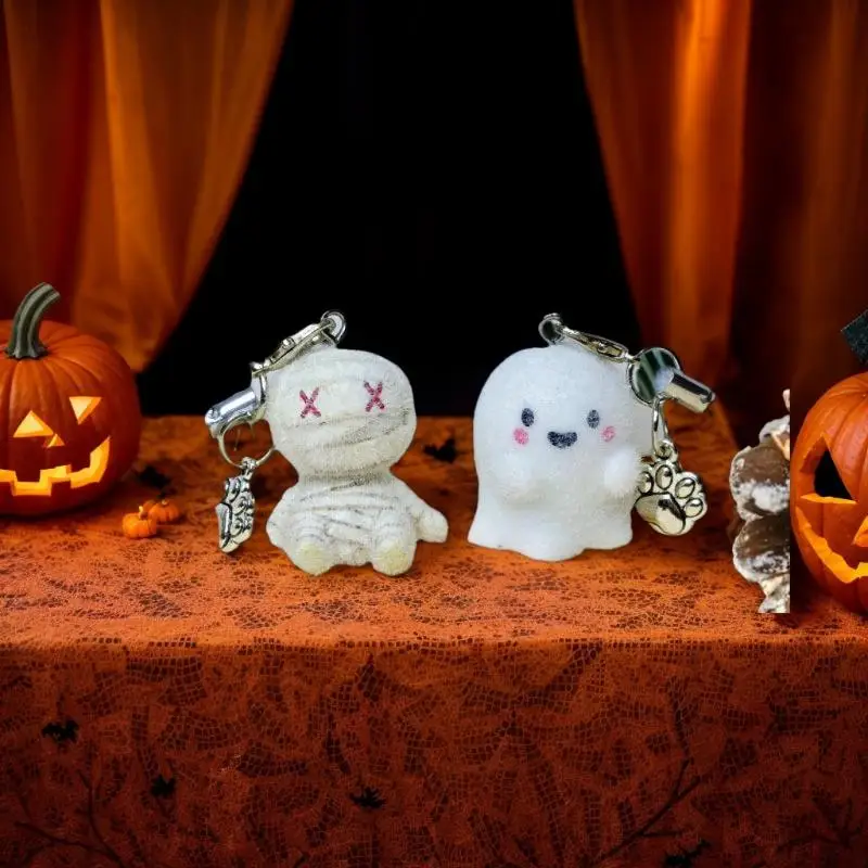 Kawaii Flocked Mummy Ghost Phone Chain Charm Strap Adorable Cartoon Plush Keyring INS Style Phone Case Bag Camera Pendant