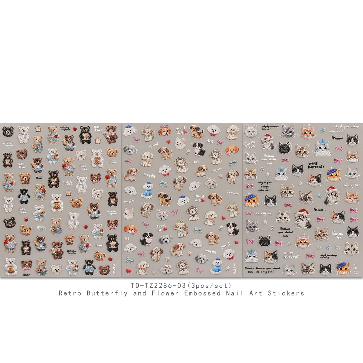 3 adesivi per nail art in rilievo con gattini, cani e orsi ricamati simpatico cartone animato - Squisite decalcomanie per nail art, unghie facili da applicare