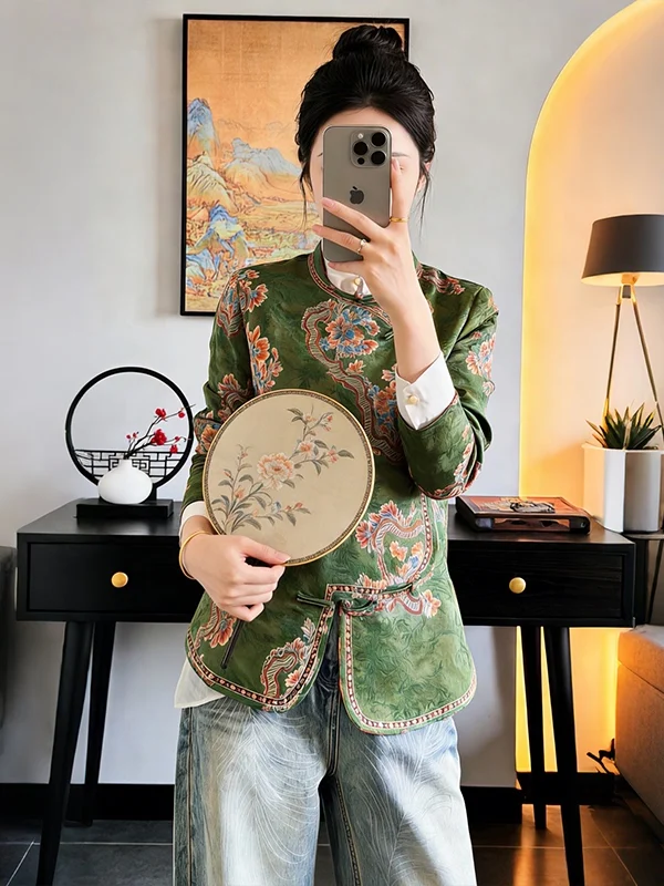 

Короткая рубашка в китайском стиле с круглым вырезом, женская модная блузка с цветочной вышивкой, на пуговицах, без воротника, весна-осень, новинка