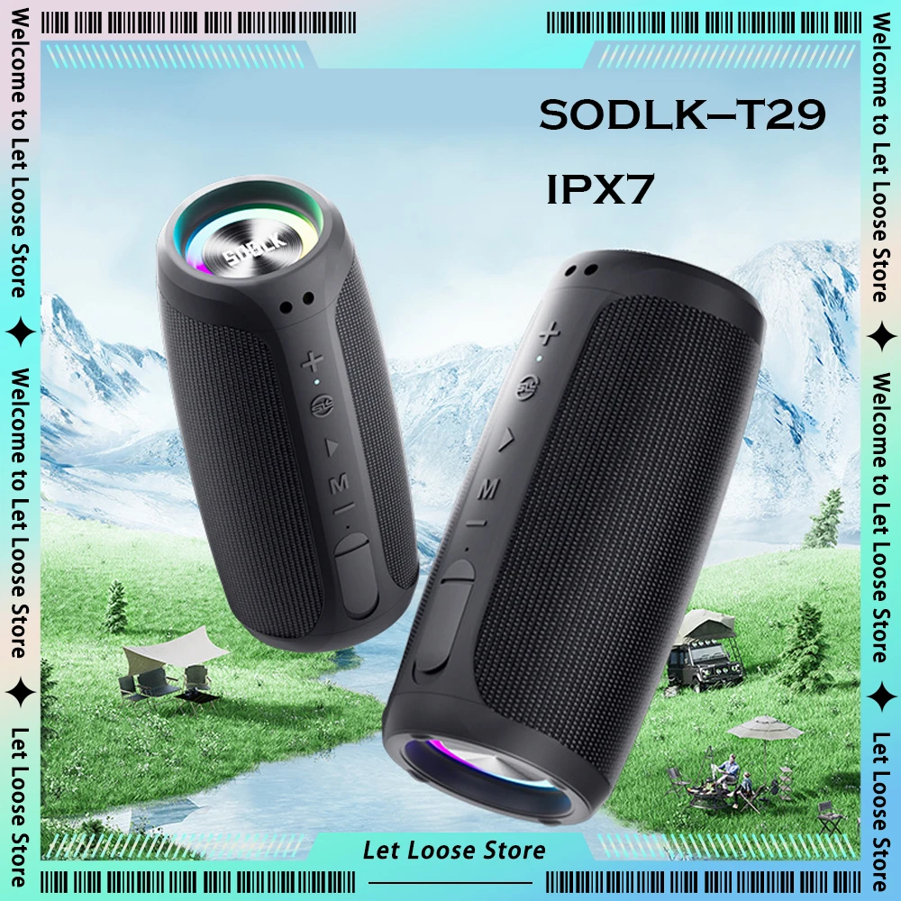 SODLK T29 Portable Bluetooth Speakers IPX7  Waterproof Deep Bass  3D Stereo Surround Sound Box 60W High Power Outdoor Subwoofer