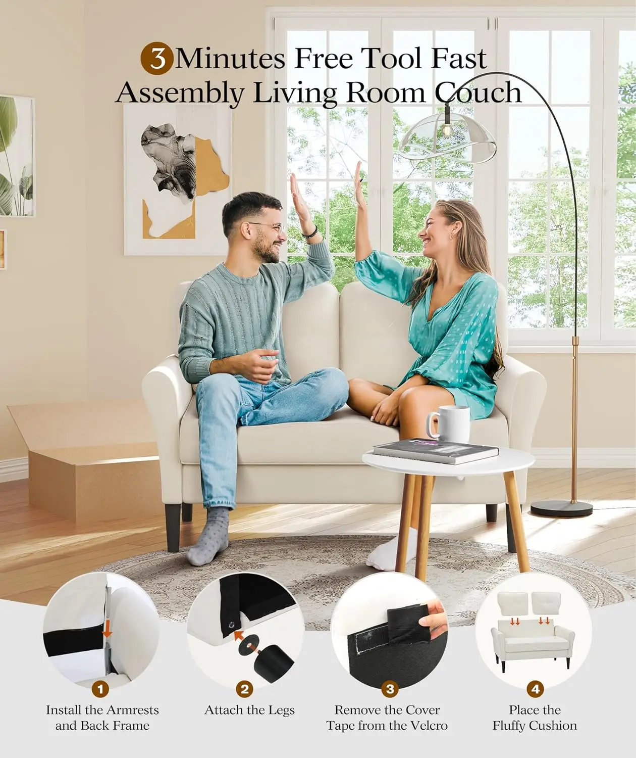 Assentos profundos Loveseat Sofá, Assento de amor confortável, Configuração sem ferramentas, Mini sofá para espaços pequenos, 2 assentos, 21 polegadas, 48 polegadas