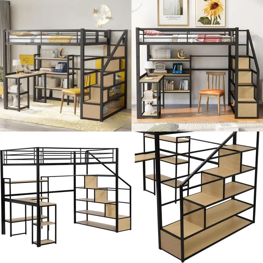 

Компактная металлическая кровать-чердак с рабочим столом, лестницей и полками для хранения для детей и взрослых, черная
