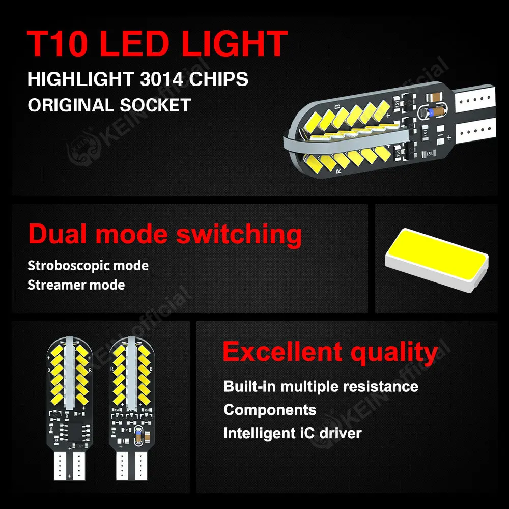 KEIN 2PCS T10 Led Running Horse Flash Strobe W5W 194 168 Car Parking Wedge Clearance Tail Lights White Red Colorful Bulb Lamp