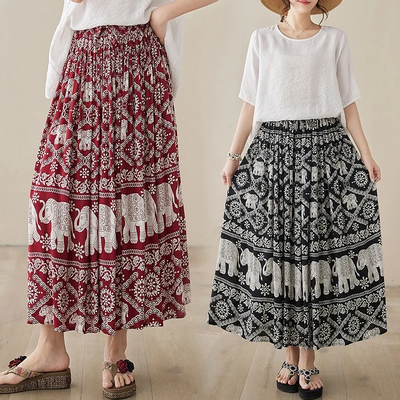 

Summer Bohemian Style Elastic Waist A-line Ethnic Print Maxi Skirt for Plus Size Women