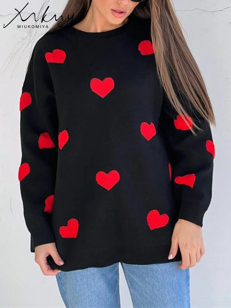 MiuKoMiYa Thick Heart Embroidery Sweater Women Winter Fashion Thick Knitwears Knitted Pullovers Women Christmas Sweater Pink Top