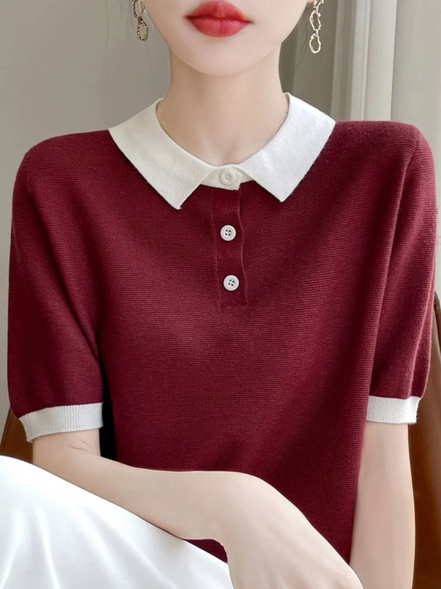 Sli Ne ort Sve T-Shirt für Damen, Sommer, 2024, neu, gestrickt, Basisschicht, Oberteil, Farbe, Blo-Design, Pendeln, einfache Sle