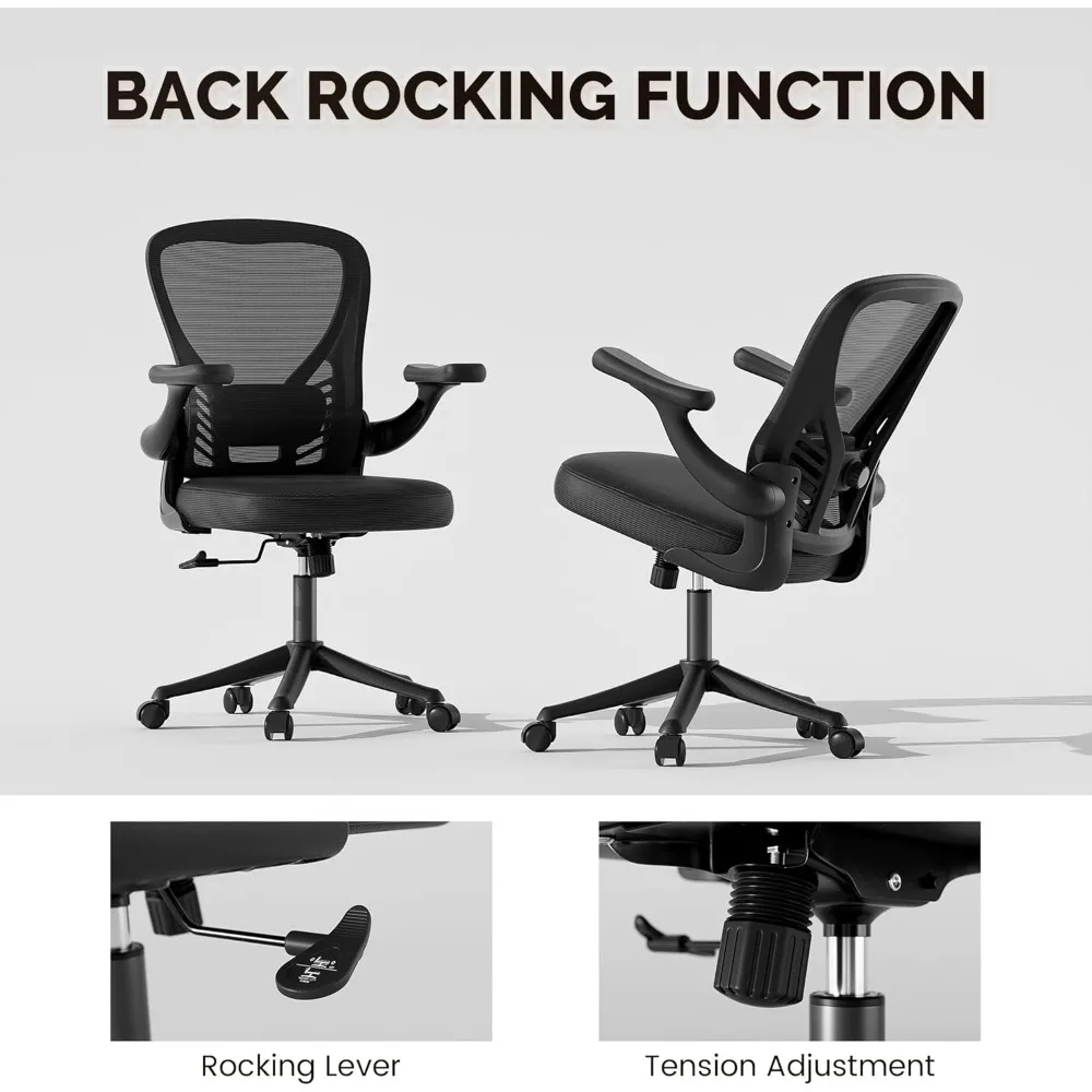 Computer Desk Chair with Wheels, Mesh Office Chair with Flip Up Arms, Adjustable Lumbar Support, Swivel Desk Chair Comfy,