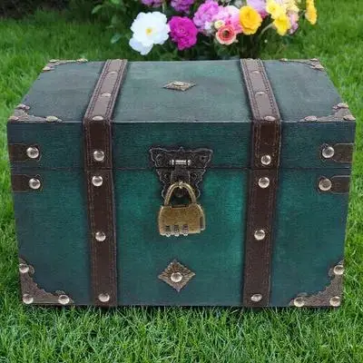 

Vintage European Retro Jewelry Box Large Size Green Wooden Chest with 3-Digit Password Lock for Storage Photo Props