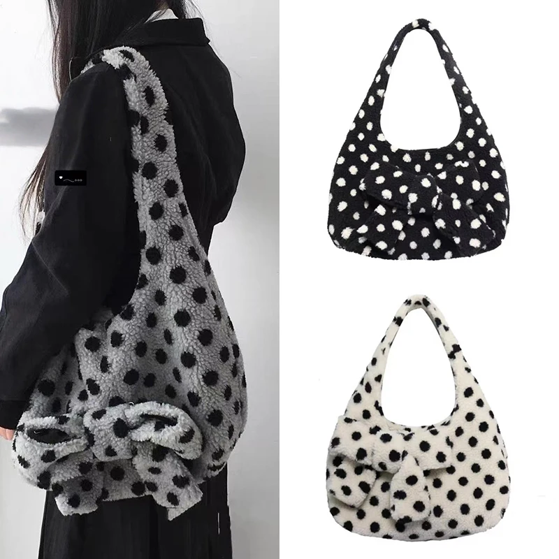 

Fashion Polka Dot Hobo Bag Creative Bow Design Shoulder Bag Soft Plush Crossbody Bag Women Winter Large Capacity Commute Handbag