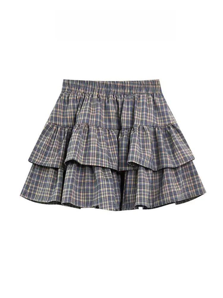 

Summer Retro Plaid Puffy Skirt Women's High Waist Elastic Waist Cake Sle f-length Bordered Skirt for Young Women