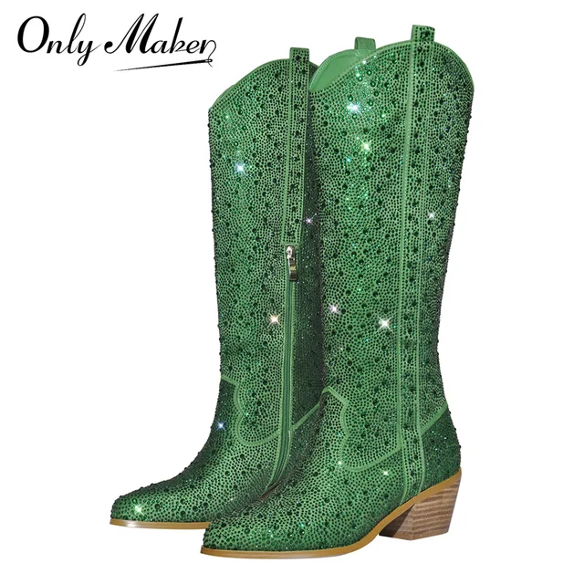 Onlymaker kobiety kryształ górski zielony buty do kolan kowbojki z dalekiego zachodu jasny brokat Bling błyszczące szpiczaste buty na obcasie