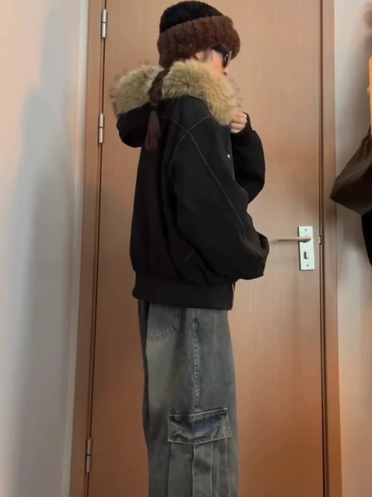 2000s Aesthetic Black Elegant Jacket Woman 2025 Winter Y2k Zip Up Hooded Design Harajuku Coat Female Loose Casual Punk Outfits