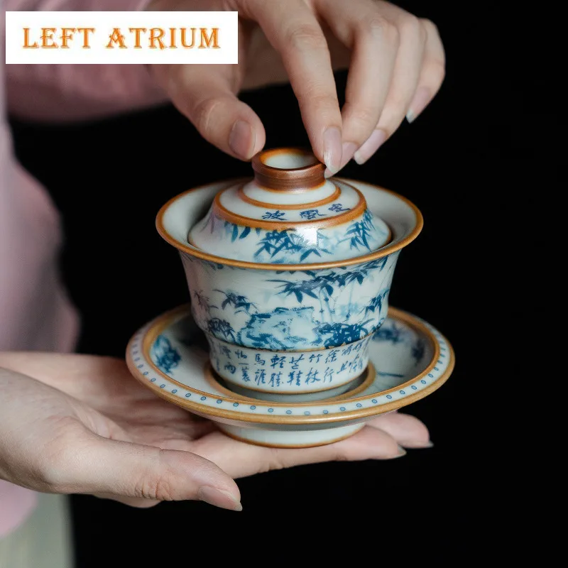 

130 мл Ru Kiln Green Mountain Bamboo Shadow Cover Bowl Zen Керамический чайный чайник Ретро Gaiwan Чайник Китайская чайная посуда Подарок