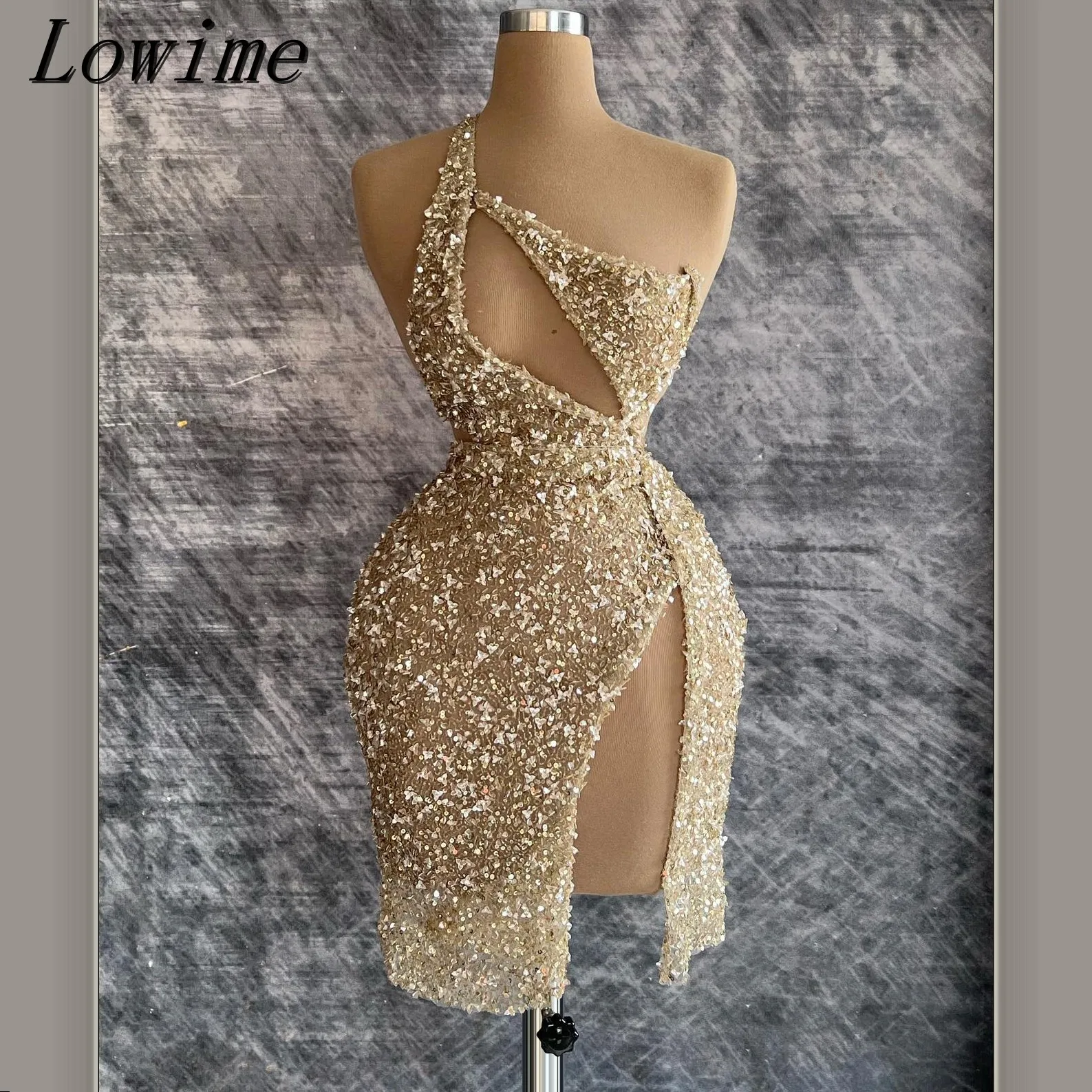 

Cocktail Dress Openwork Short Evening Dress Sequined Slit Mini Skirt Champagne Customizable Evening Gown