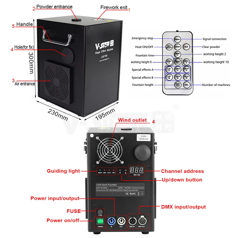 VSHOW CSF750 2 قطعة 750 واط نافورة شرارة باردة الزفاف داخلي الألعاب النارية الباردة شرارة مع جهاز التحكم عن بعد