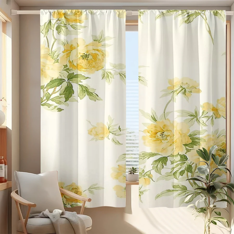 2PCS, Multicolor, Yellow Peony Watercolor Floral Print Curtains, for Bedroom and Living Room, Rod Pocket Style