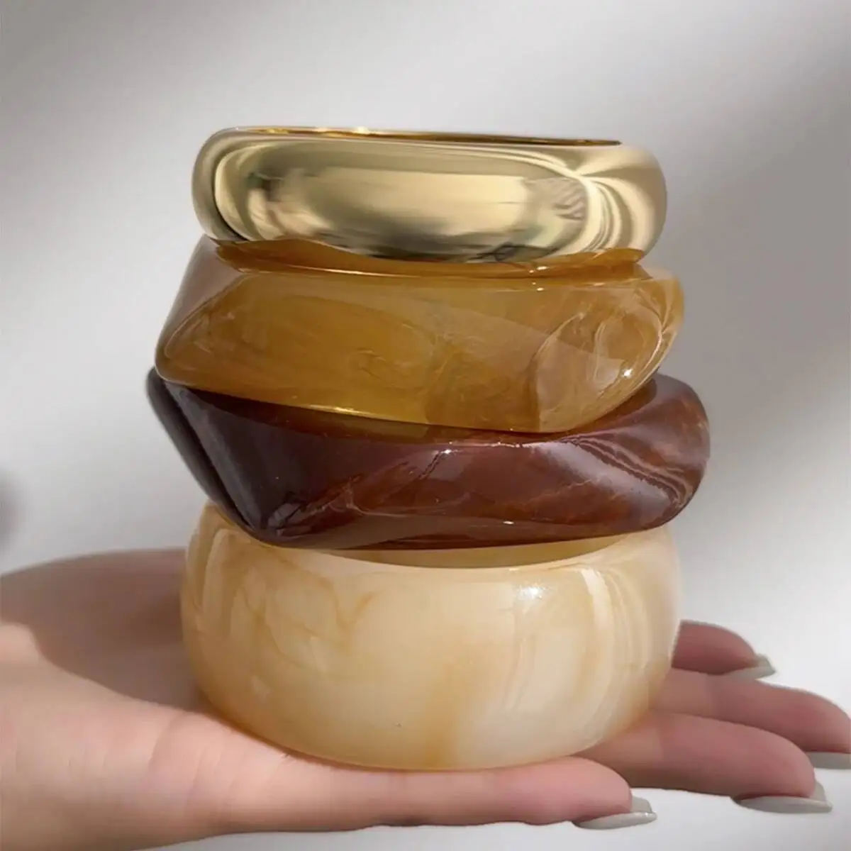 KunJoe Trendy Irregular Thick Resin Acrylic Cuff Bracelet for Women Vintage Gold Color Metal Stackable Wide Bangle Party Jewelry