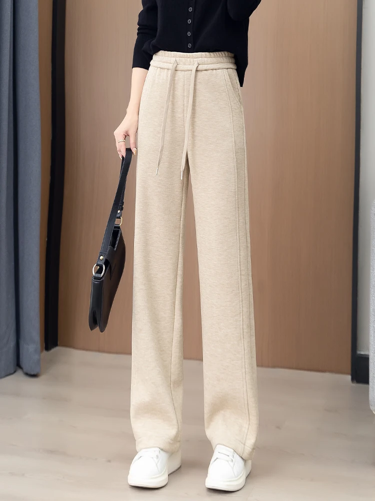 

High Waist Woolen Narrow Wide Leg Pants Autumn Winter New Style Casual Drapey Fleece Lined Straight Leg Trousers for Women