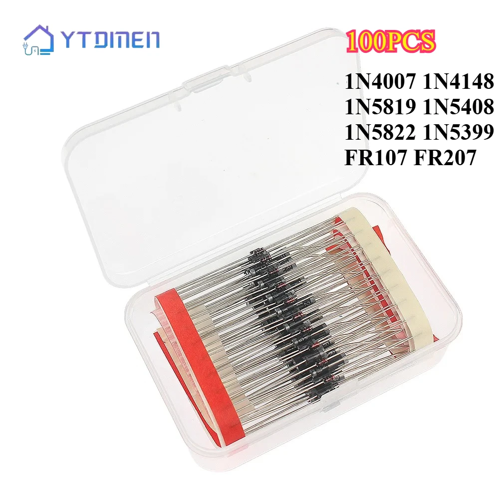100 Stück Schottky-Dioden-Kit-Box, 8 Werte, Dioden 1N4007 1N4148 1N5819 1N5408 1N5822 1N5399 FR107 FR207 Gleichrichter-Schaltdiode