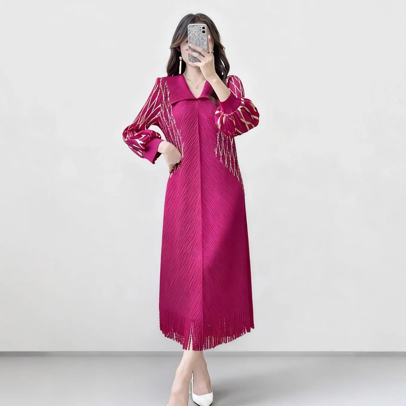 

Miyake Pleated 2026 New Spring Plus Size Women's Dresses Women Tassel Pleated Skirt Senior Sense Lantern Sleeve Dresses Pleated