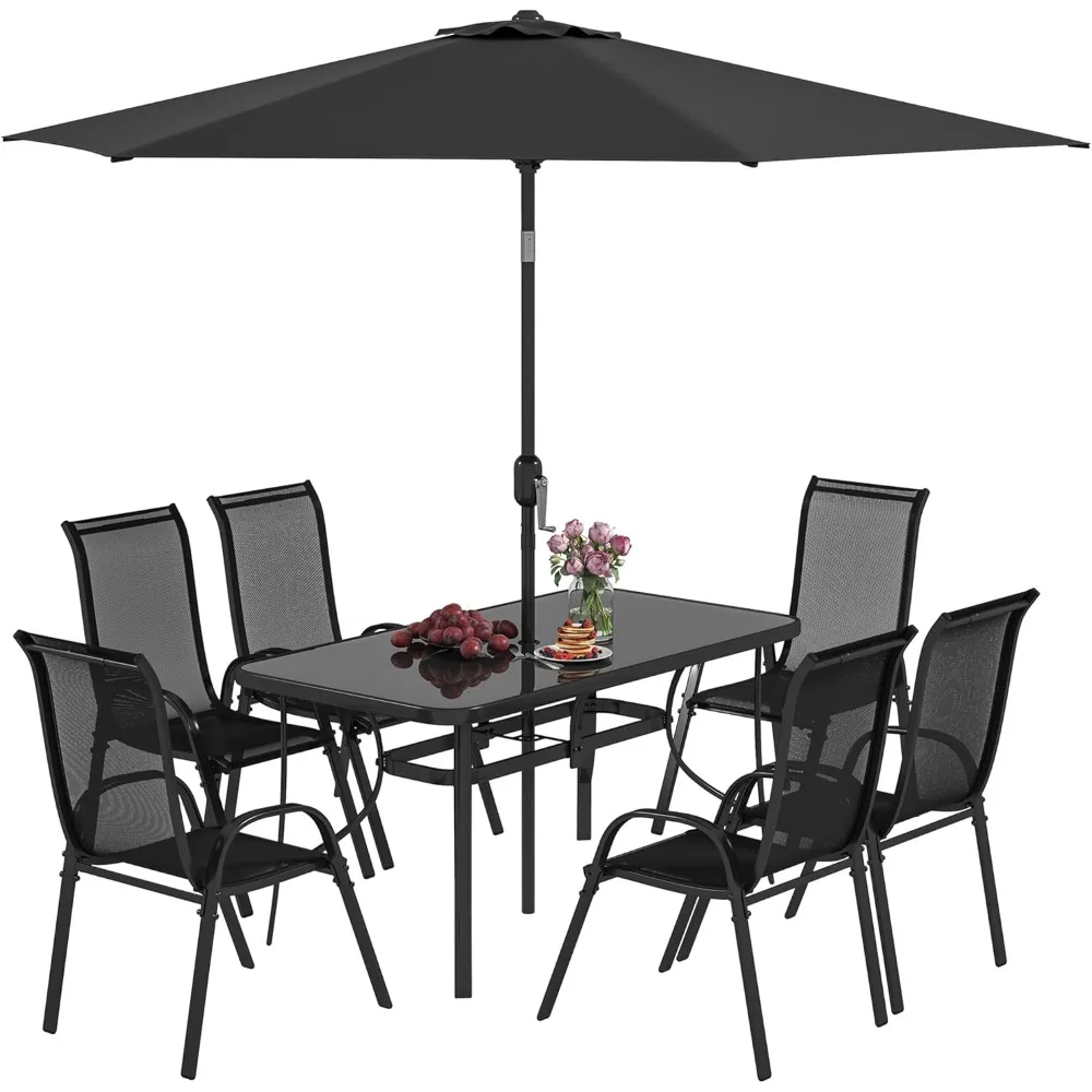 8 Pieces Patio Table and Chairs Set with 9 Ft Patio Umbrella, Outdoor Dining Set with 4.6 Ft Dining Table and 6 Chairs