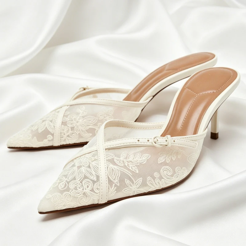 

Novely Embroider Mesh Heeled Sandal Women Sexy Pointed Toe Designer Stiletto Slippers Mules Cross Buckle Design Dress High Heels