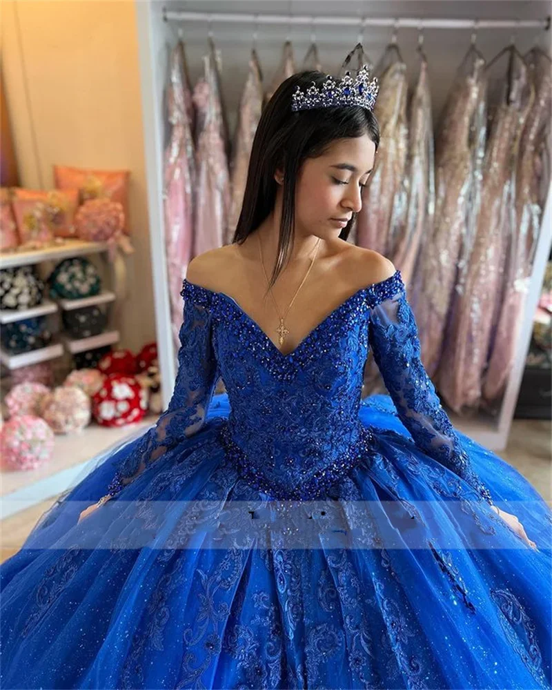 Angelsbridep-فساتين Quinceanera زرقاء ملكية مع زخارف ، ثوب كرة كريستال ، أكمام طويلة ، فساتين الأميرة الحلوة 16 ، تصميم جديد ،!