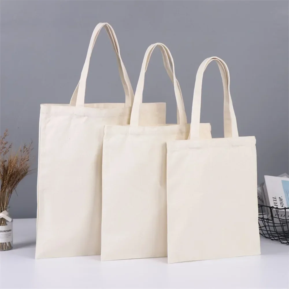 

Large Capacity Canvas Shoulder Handbag Folding Eco-Friendly Cotton Tote Bags Reusable DIY Shoulder Bag Grocery Bag Beige White