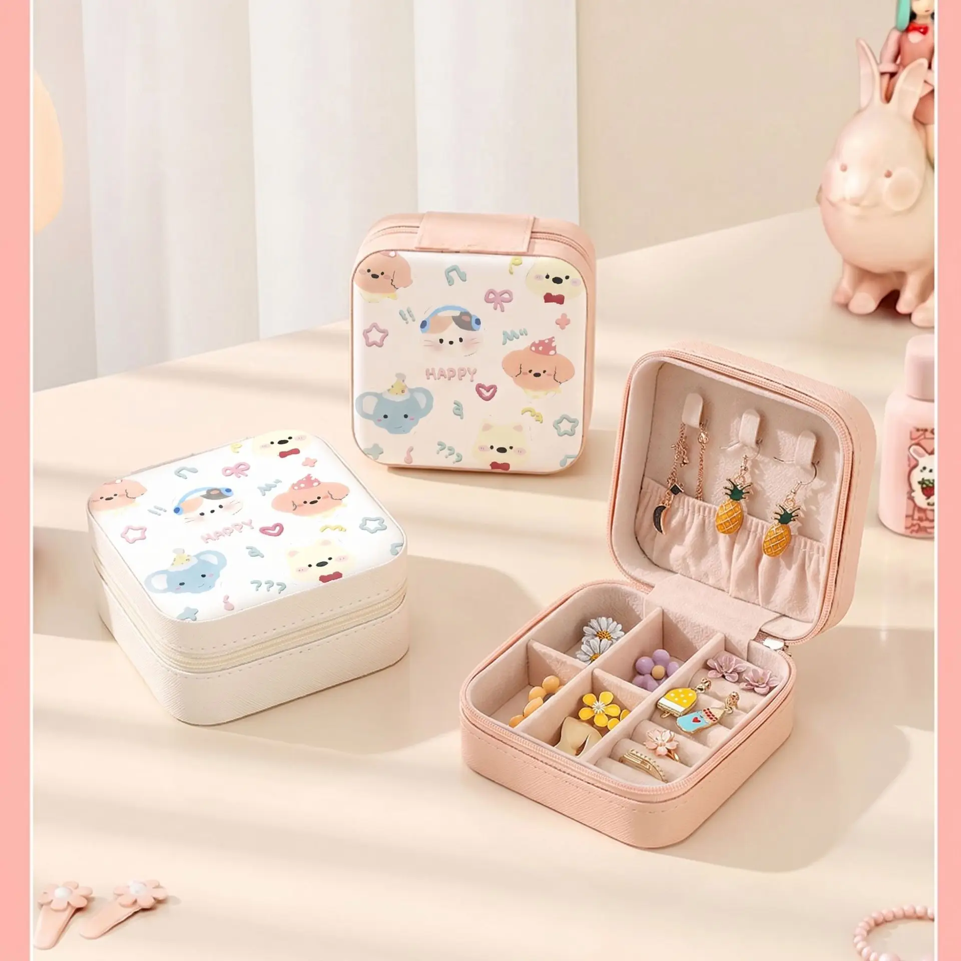 Fashion Cute Cartoon Animal Print Mini Jewelry Organizer Case for Girls Portable Travel Storage Box for Earrings Rings