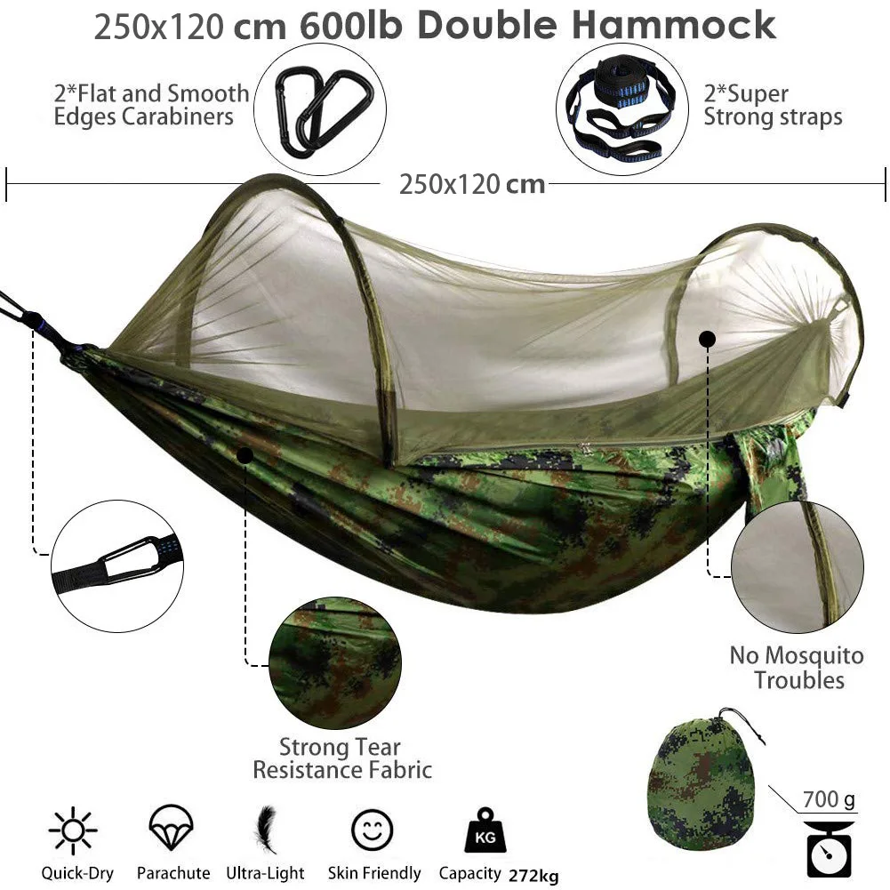 Hamac de camping portable simple et double, 250x120cm, avec moustiquaire, moustiquaire pop-up, facile à installer, pour les voyages, la randonnée