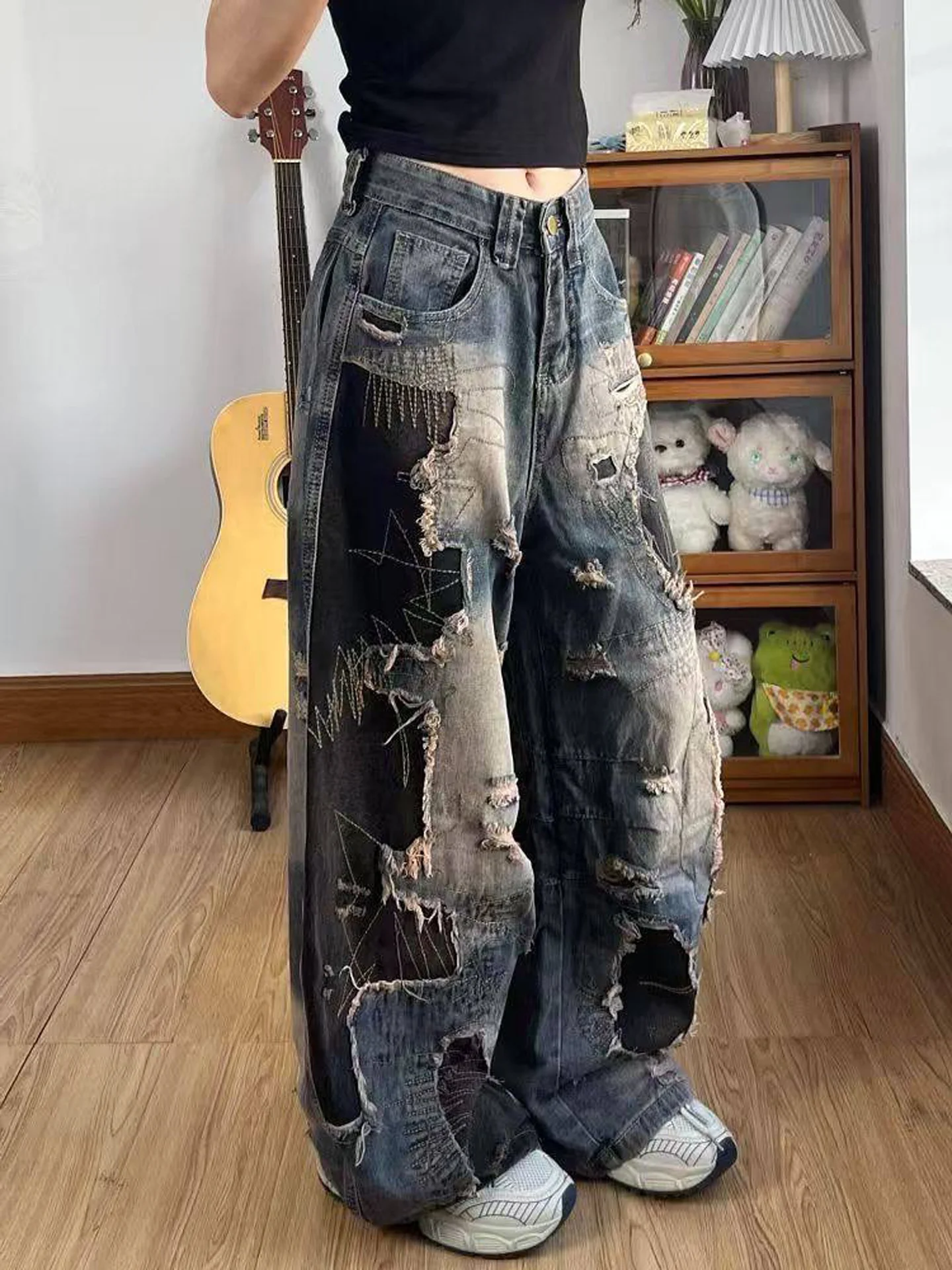 American High Street Style Black Tie Dye Hole Denim Pants Women's Design Vintage Loose High Waist Slim Wide Leg Jeans
