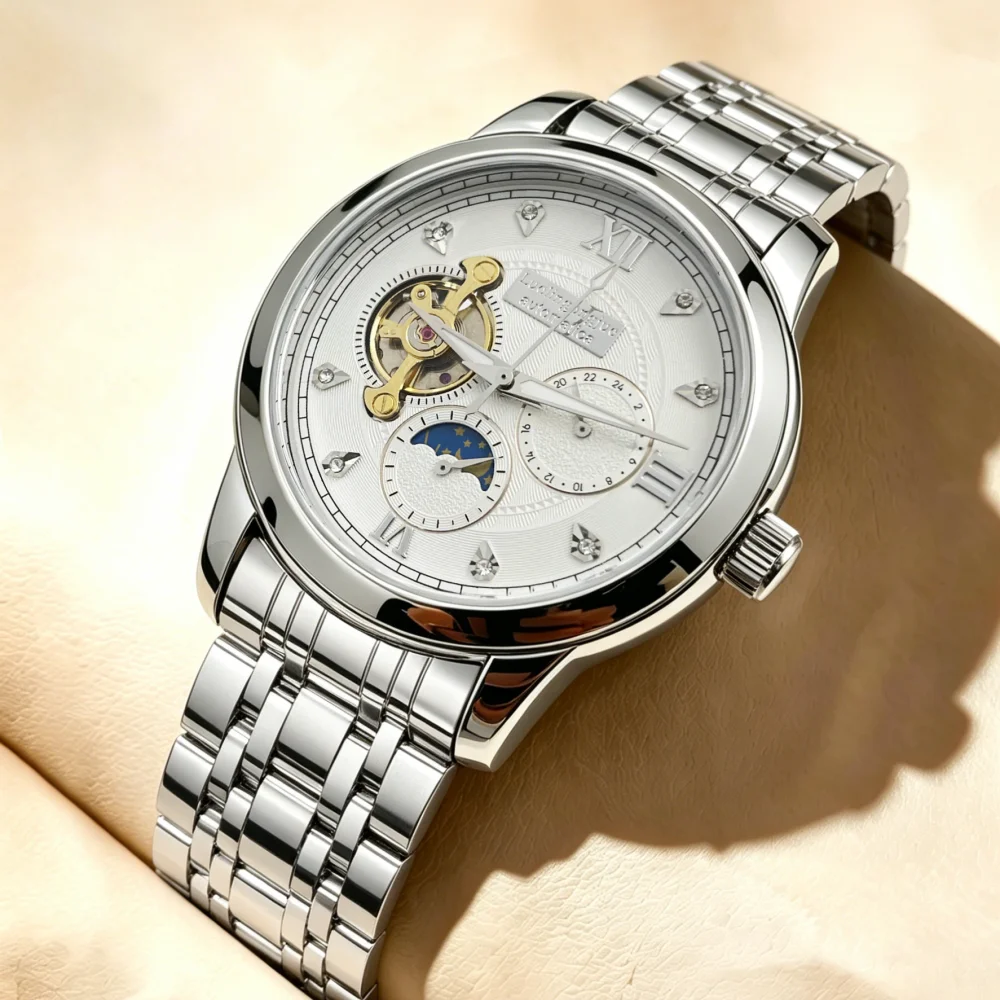 New Men's Automatic Mechanical Watch, Skeleton Design with Moon Phase Display, Light Luxury Diamond-Encrusted Business Steel Band Men's Watch, Waterproof Luminous Classic Roman Numerals Luxury Men's Watch, High-End Gift for Workplace Commute, Popular Versatile Men's Mechanical Wristwatch