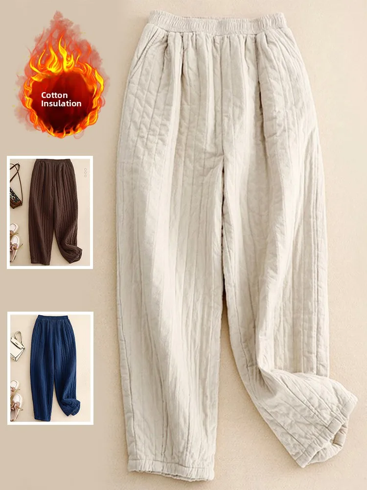 

Thiened Cotton Pants Warm Casual Harlan Winter Faion Striped Women's plus Size Slimming Casual Cotton Trousers