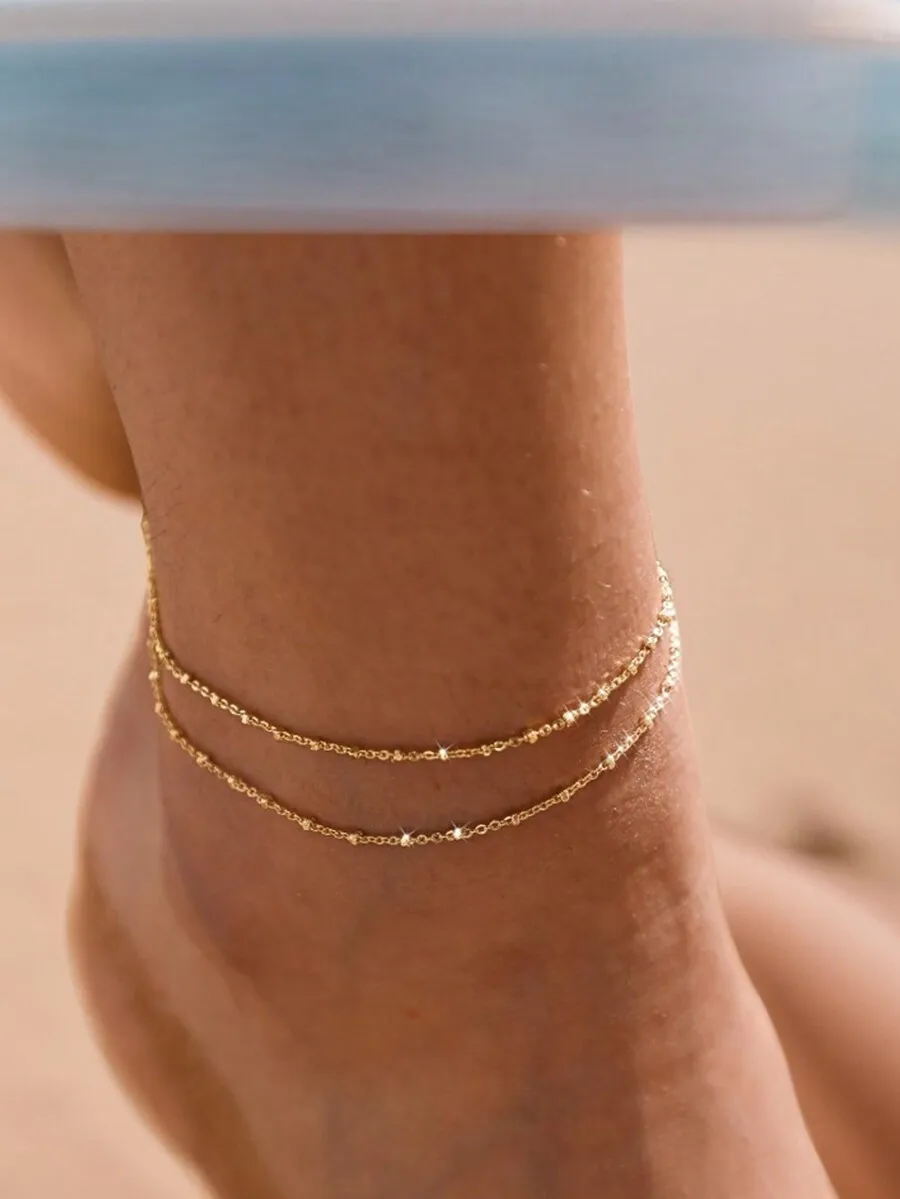 1pc Stainless Steel Double-Layered Stacked Anklet, Bohemian Beach Style Foot Chain, Ideal Gift For Women Valentine's Day Accesso