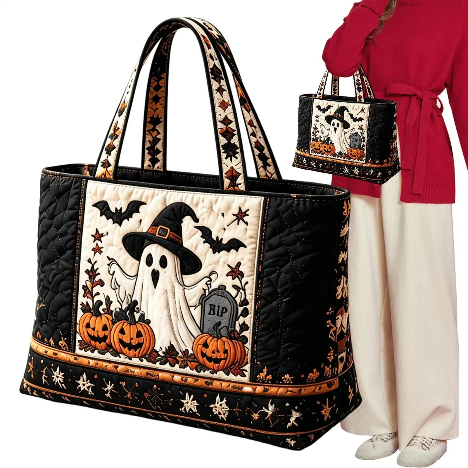 Halloween-Tragetasche, 3D-Grusel-Design, gesteppt, große Kapazität, Halloween-Themen-Handtasche zum Einkaufen, für Outdoor-Aktivitäten, Sandstrand, Bootsfahrten – Detail 3