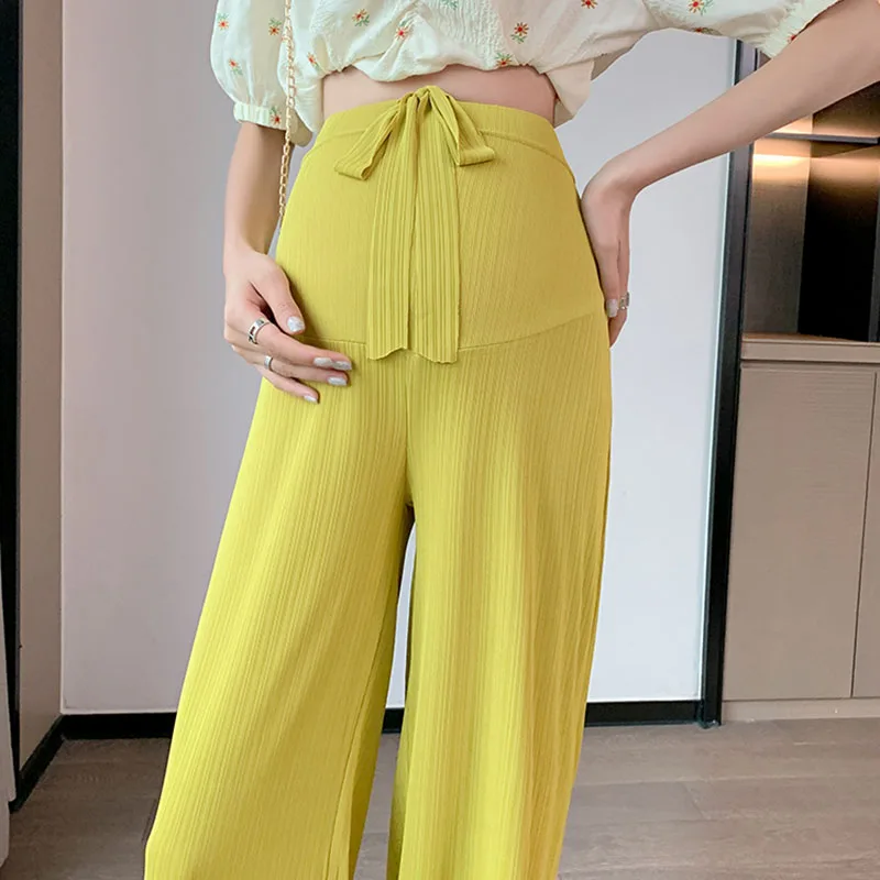 Maternity High Waist Abdomen Pants Wide Leg Loose Prenancy Full Length Belly Pants Summer Thin Cool Trouser For Pregnant Women