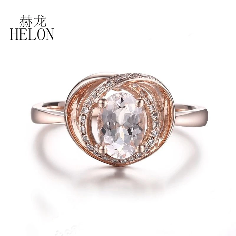 HELON Solid 14K Rose Gold Oval 7x5mm Natural Morganite Diamond Engagement Ring  Antique Fine Gemstone Anniversary Wedding Band