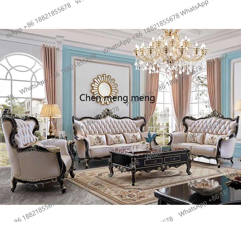 

High-end villa solid wood leather European sofa combination living room light luxury ebony furniture