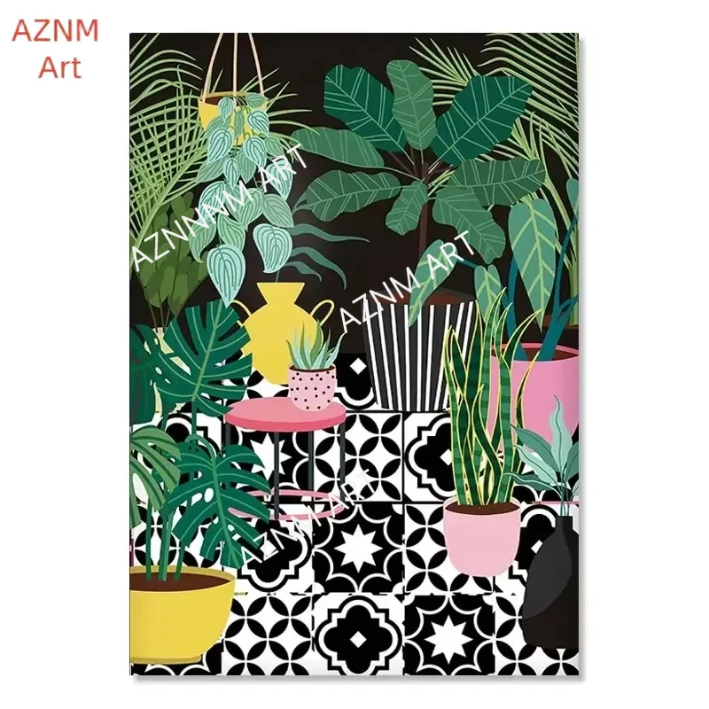 Modern Wall Art Canvas Painting Nordic Greek Tile Botanical House Plants Art Poster Boho Green Leaves Decor Picture Home Deco view 2