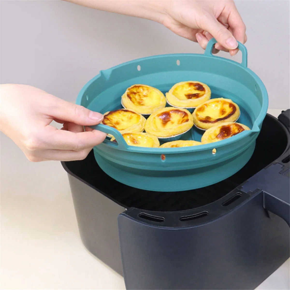 Air Fryer Silicone Plate Reusable Air Fryer Cooking Accessories Foldable 8.5in Airfryer Tool Baking Mold Blue