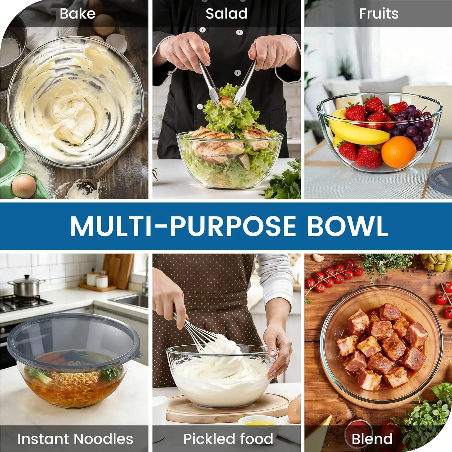 Large Glass Mixing Bowl 4.7 Quart with Lid for Sourdough Bread Making, Clear Glass Salad Bowl - view 6