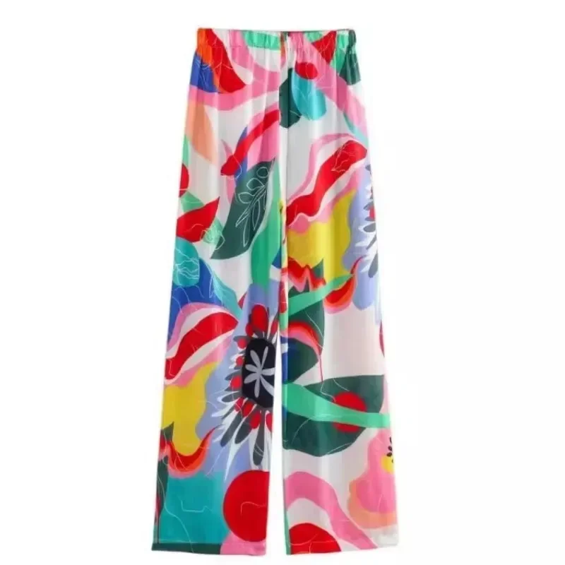 طقم قميص وسراويل نسائي مطبوع من الساتان ، طية صدر بأكمام طويلة ، موضة غير رسمية ، اوربي وأمريكي