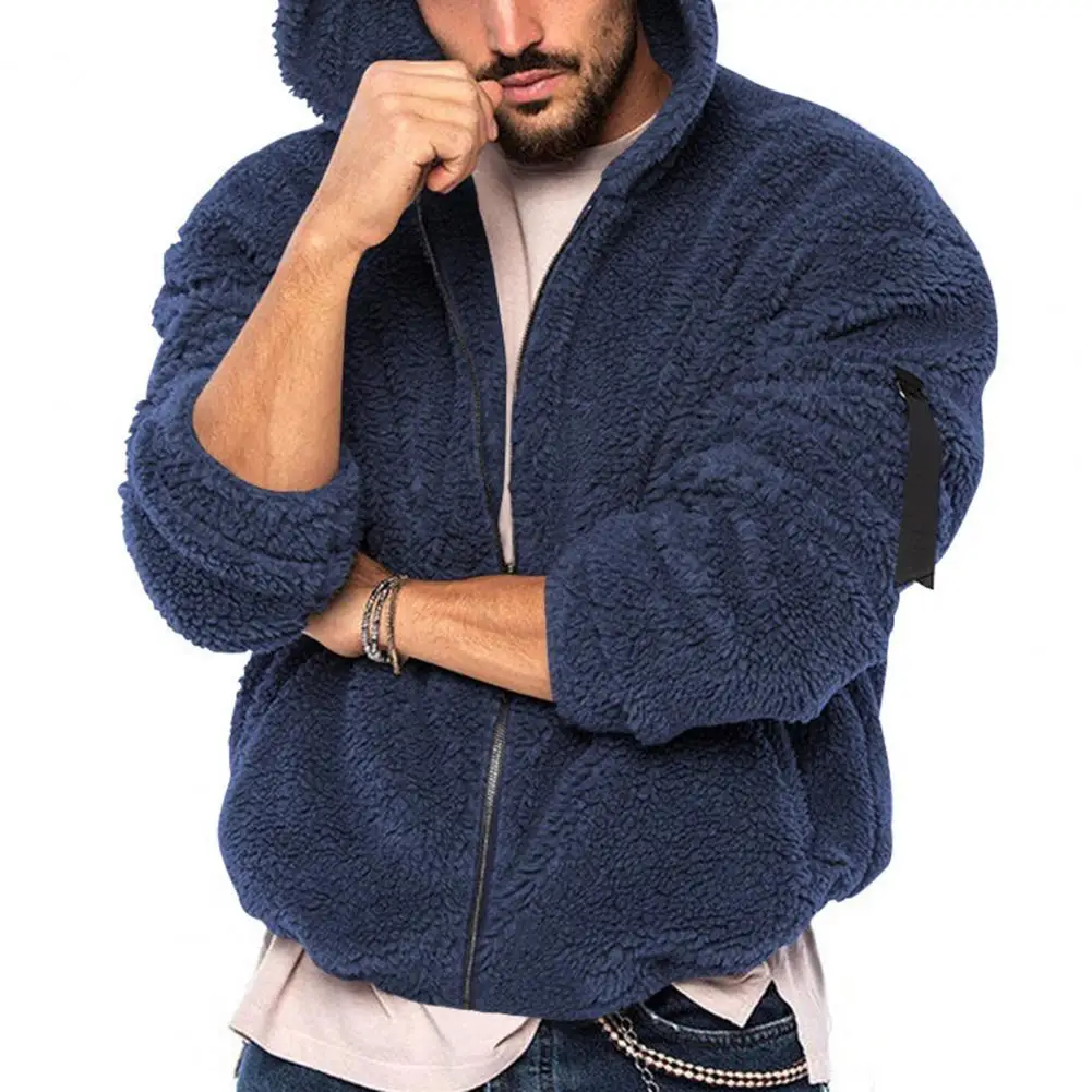 

Men Jacket with Plush Hood Fluffy Hooded Coat Fleece Jacket for Winter jaqueta masculina