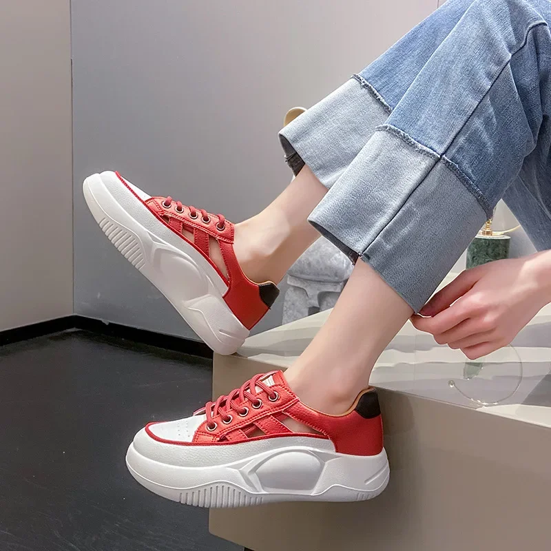 Spring 2023 New Thick Sole Lace-up Casual Single  Women Soft Sole Not Tired Feet Comfortable Mix and Match Small White Shoes