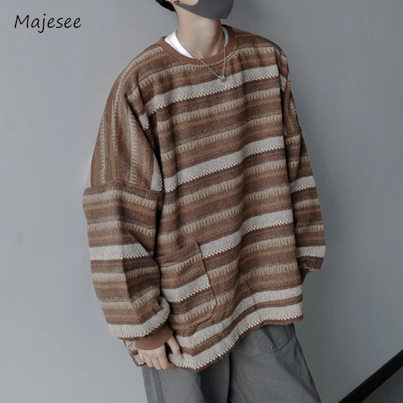 

Striped Sweaters Men O-neck Maillard Stylish Tender Slouchy Autumn Winter Versatile Prevalent Normcore European Style Retro New