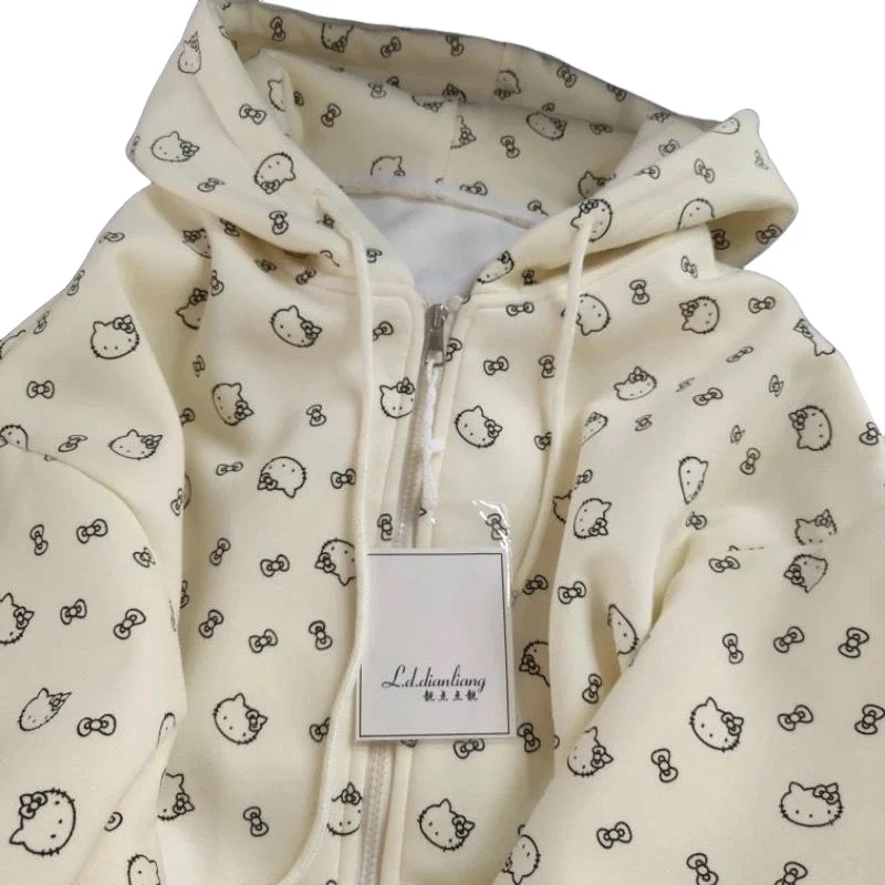 Sanrio Hello Kitty diseño estampado completo Sudadera con capucha versión coreana Y2K lindo estilo de niña abrigo con cremallera mujer otoño dulce chaqueta suelta caliente